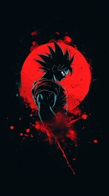 Silhouetted anime warrior against red splatter sun backdrop