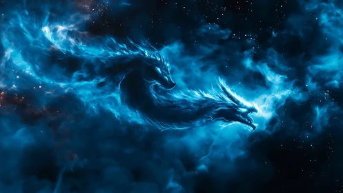 Celestial blue dragon blazes through a glowing cosmic storm