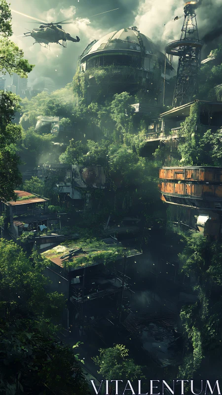 Post-collapse vertical city overgrown by dense rewilded canopy