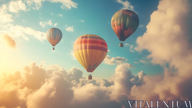 Sunlit hot air balloons drifting high above glowing clouds.