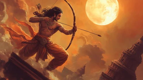 Mythic archer draws bow against full moon over temple city