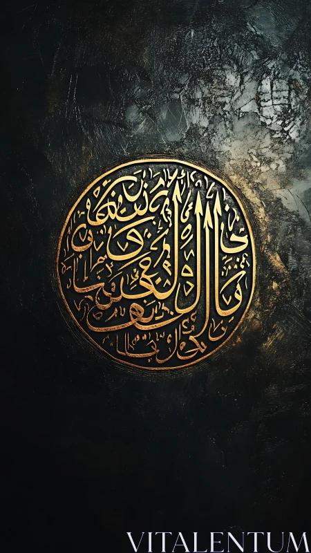 Gilded Arabic calligraphy medallion on moody dark canvas.