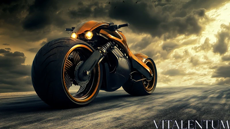 Futuristic copper motorcycle dominates stormlit highway horizon.