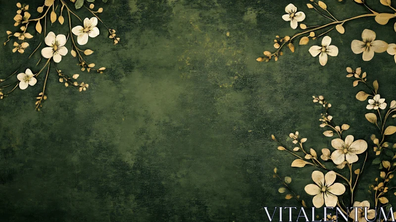 Golden blossoms frame on textured deep green background.