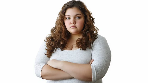 Confident Woman with Curly Hair in Studio Portrait Style.