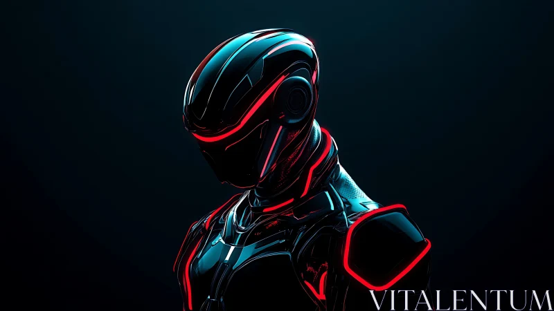 Futuristic cybernetic soldier with red neon highlights.