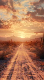 Sunlit desert track with sagittal cacti and volumetric clouds.