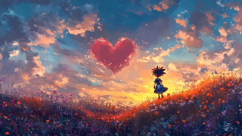 Sunset wanderer meeting a glowing heart stitched in sky.