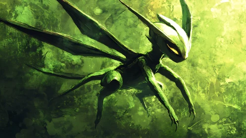 Emerald insect guardian gliding through painted jungle light.