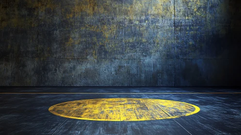 Industrial hangar floor with worn yellow landing circle.