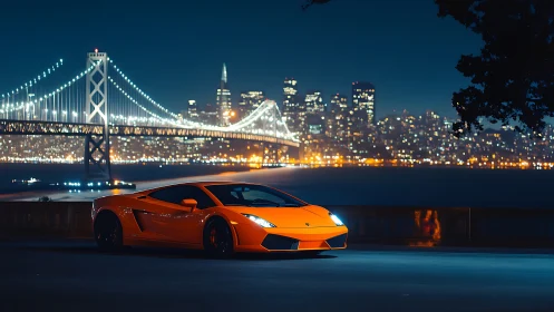 Orange supercar glows against a sparkling city night skyline