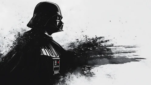 Dark armored figure dissolves into abstract black splashes