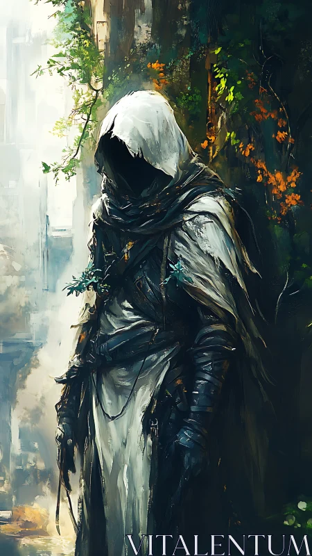 Hooded forest warden in tattered cloak, painterly vertical study.