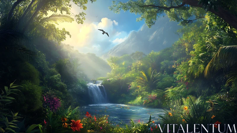Sunlit jungle waterfall renders atmospheric tropical depth