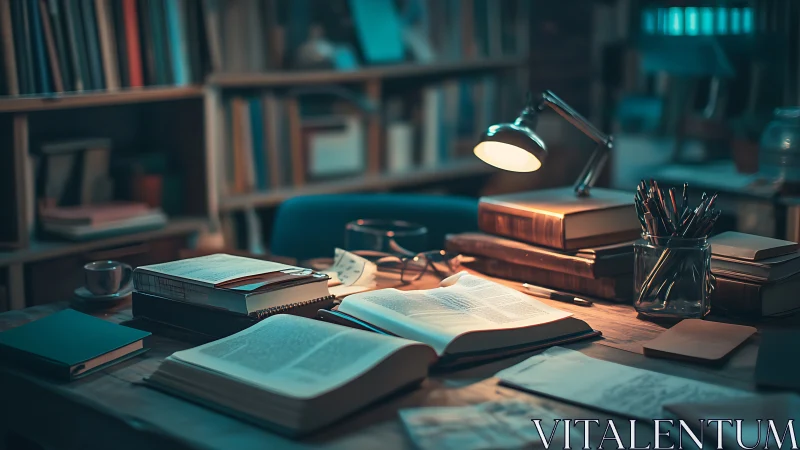 Study desk with open books under focused desk lamp light.