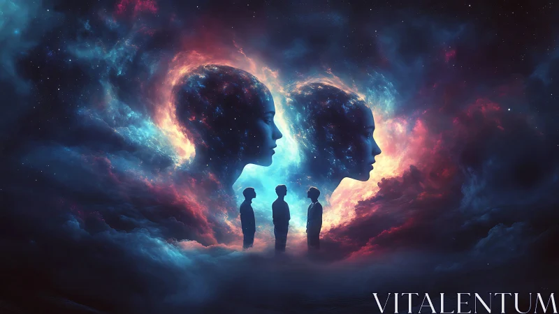 Silhouetted figures stand beneath dual cosmic human profiles