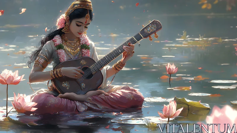 Goddess musician plays sitar amid glowing lotus pond.