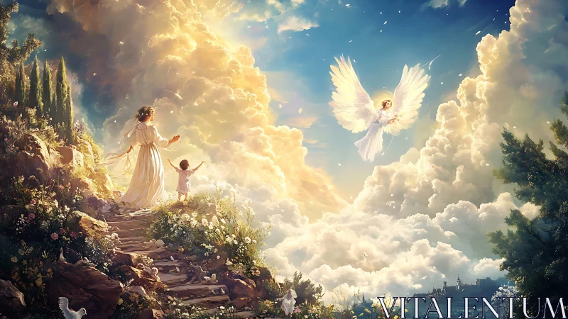 Heavenly path of mother, child, and a welcoming angel.