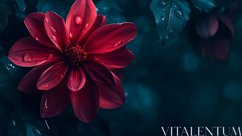 Deep Red Bloom Against Teal Darkness with Dewdrops