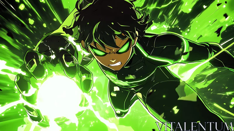 Charged-up teen hero racing through vivid green energy.