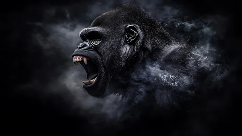 Photorealistic side-profile of roaring gorilla in dark vapor field.
