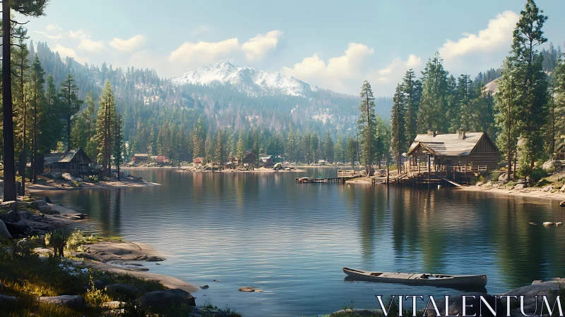 Mountain lake cabins with canoe and evergreen shoreline.