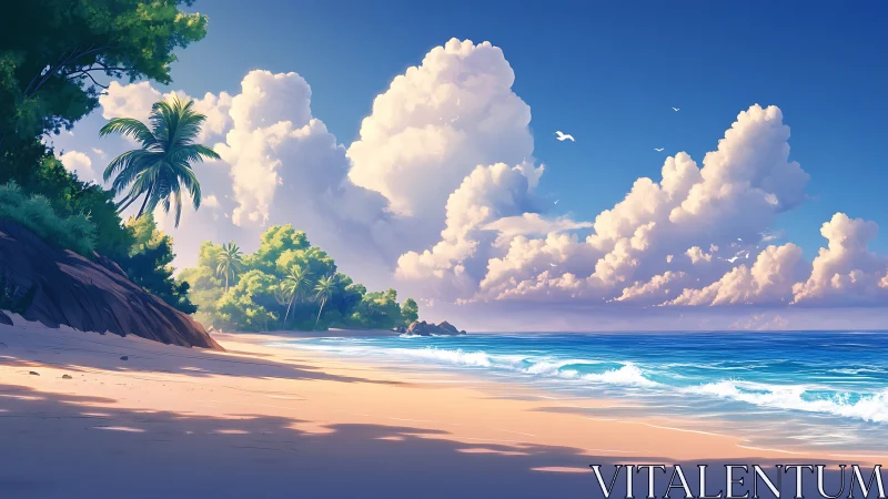 Tropical Beach Scene with Palm Trees and Cumulus Clouds