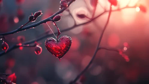 Crystalline Heart Suspended Among Frost-Laden Branches in Twilight