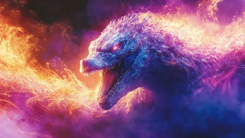 Fiery cosmic dragon roaring through neon stormlight.