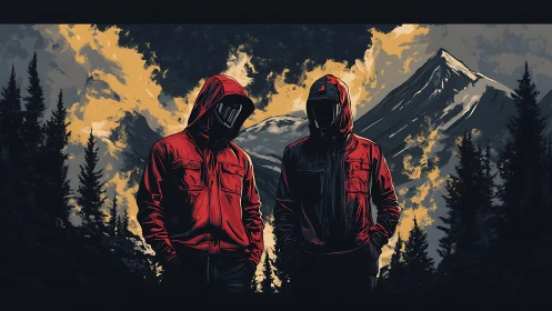 Hooded figures in red jackets before storm-lit alpine range