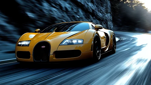Golden supercar slices through icy mountain highway at speed