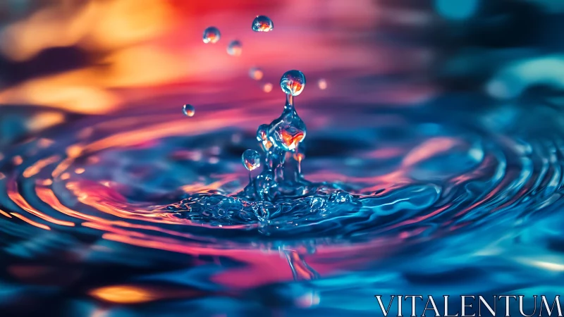 Water droplet rises through neon-lit ripples in serene motion