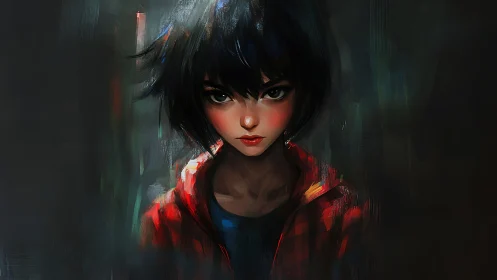 Fierce young heroine gazes forward with bold painted light