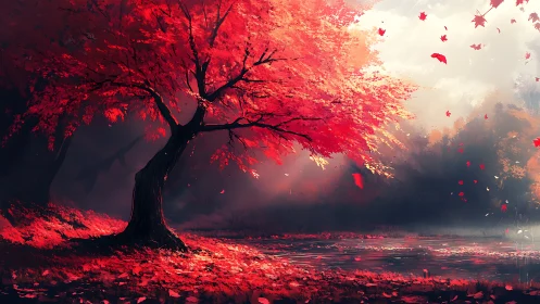 Crimson autumn tree over misty forest pond at dawn.