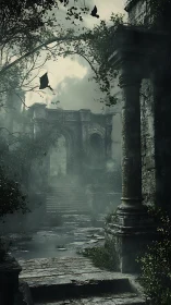 Forgotten stone courtyard wrapped in soft green misty hush.