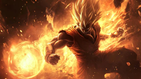 Dynamic anime warrior engulfed in fiery energy vortex composition.