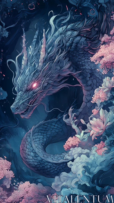 Bioluminescent serpentine dragon coils through stylized coral bloom