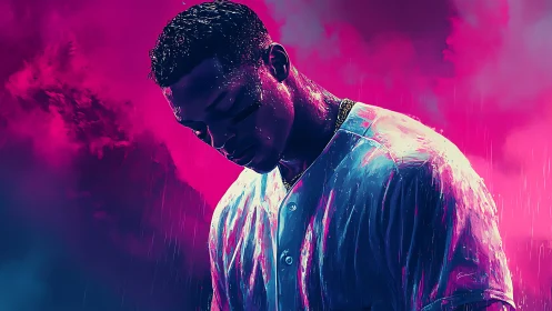 Neon-lit baseball portrait in rain with moody pink haze.
