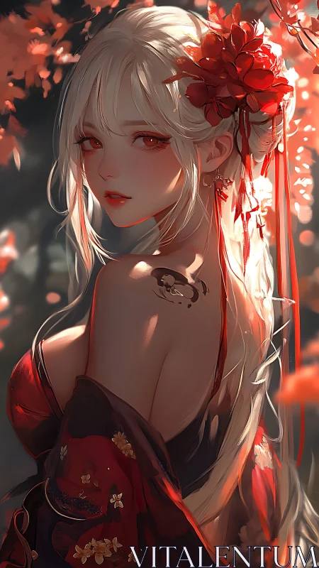 Digital portrait depicts woman in red kimono with shoulder tattoo