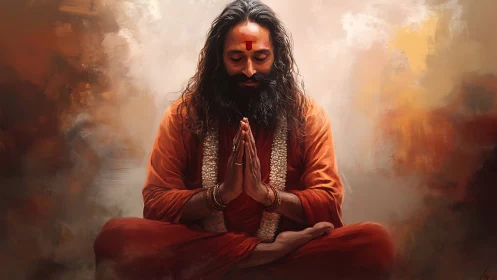 Seated robed figure in meditation with folded hands gesture.