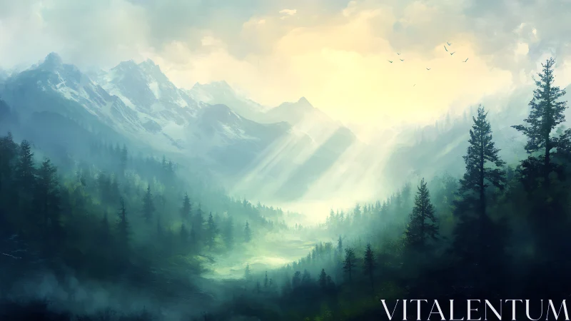 Ethereal Mountain Valley: Atmospheric Mist Through Pine Forest