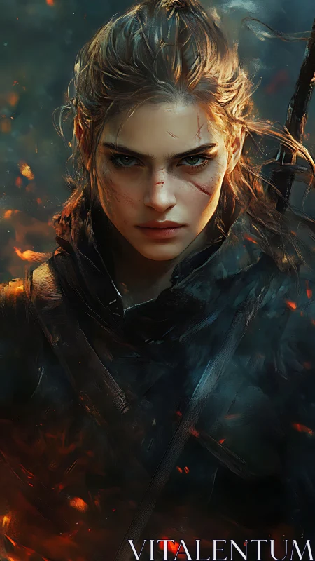Fierce battle hardened warrior woman in burning dusk