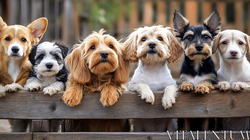 Six small dogs line up behind wooden fence and look forward