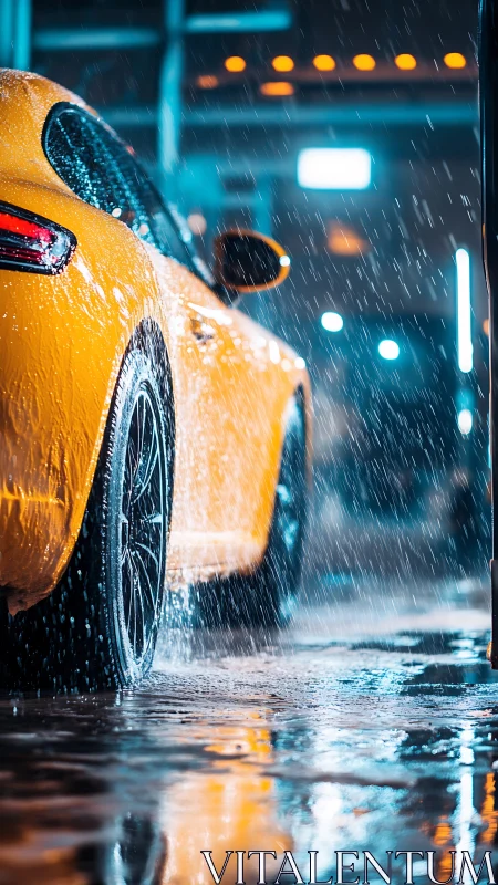 Rear-quarter sports coupe in neon urban rainfall study.