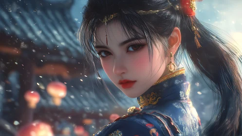 Snowlit lanterns echo in her crimson gaze tonight