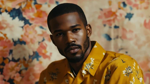 Portrait of man in mustard floral shirt before soft backdrop.