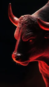 Photorealistic bull portrait in dramatic red rim lighting.