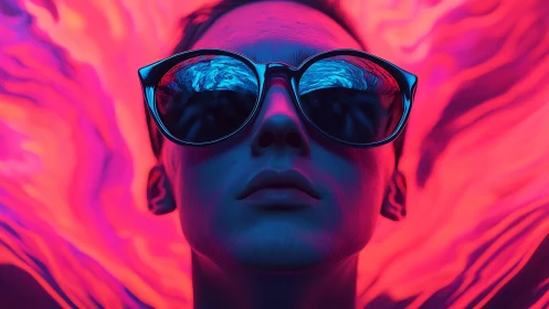 Neon-lit portrait with reflective sunglasses and liquid glow.