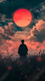 Backlit lone swordsman under hyper-saturated crimson sun.