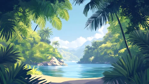 Tropical coastal cove rendered with layered digital painting techniques